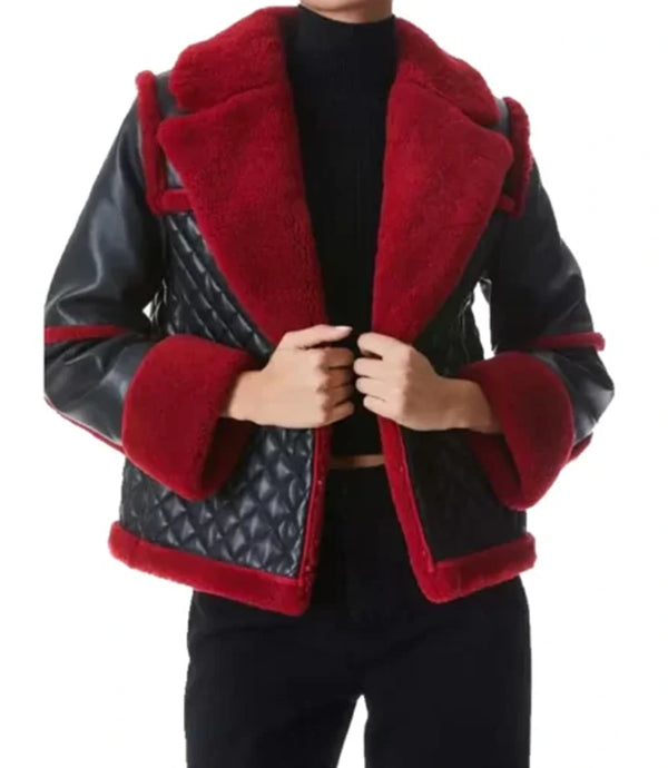 Womens Red Shearling Black Leather Quilted Jacket By TJS