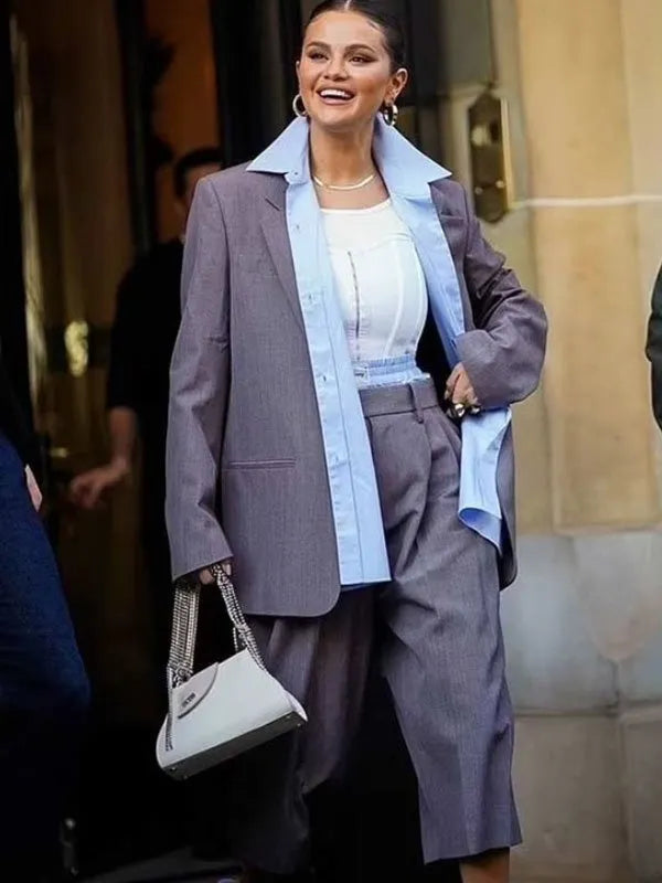 Stylish grey blazer featured in Selena Gomez's outfit in United state market