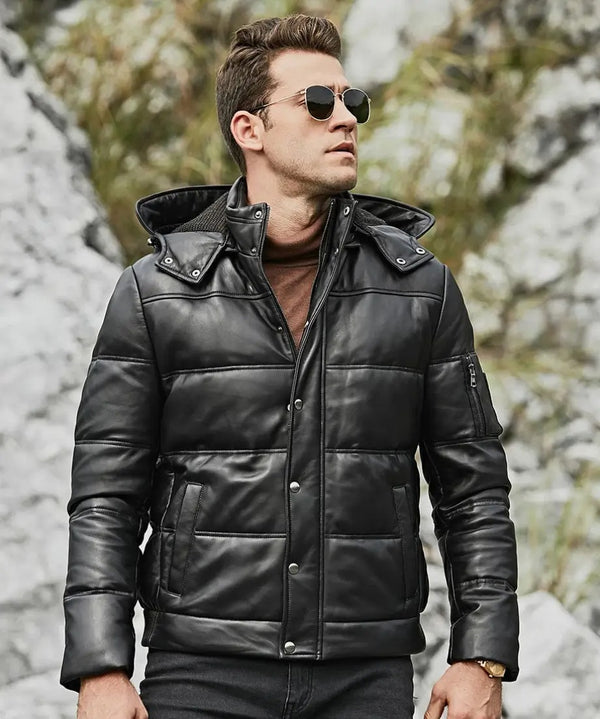 Men’s Leather Puffer Jacket Removable Hooded