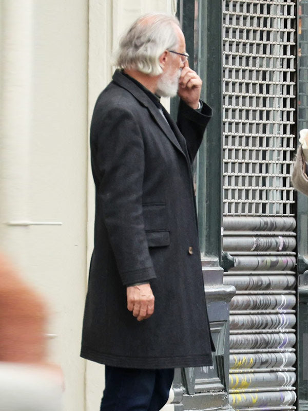 Stephen Brigstocke in black wool coat, Disclaimer series.