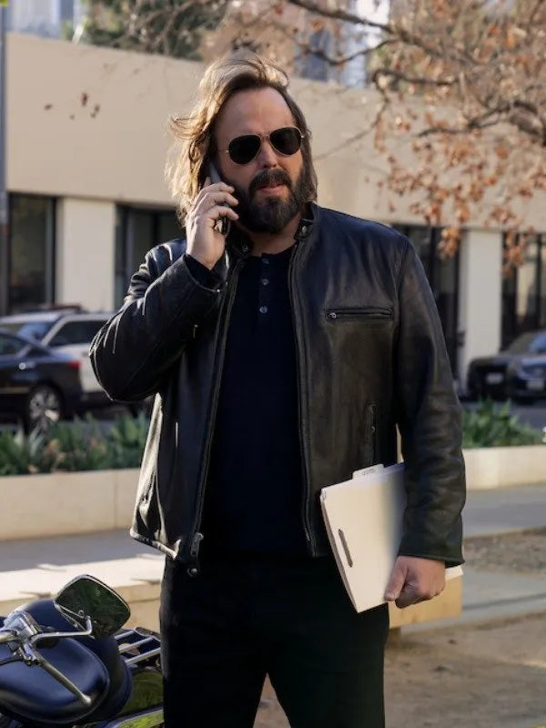 Angus Sampson leather jacket look from The Lincoln Lawyer Season 2 in American style