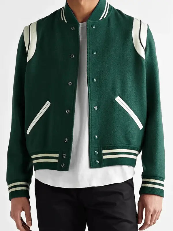 Stylish green bomber jacket worn by Tian Richards in France style