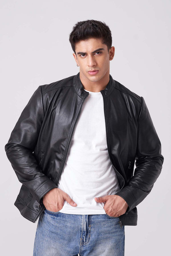 Black leather jacket for men with sleek design