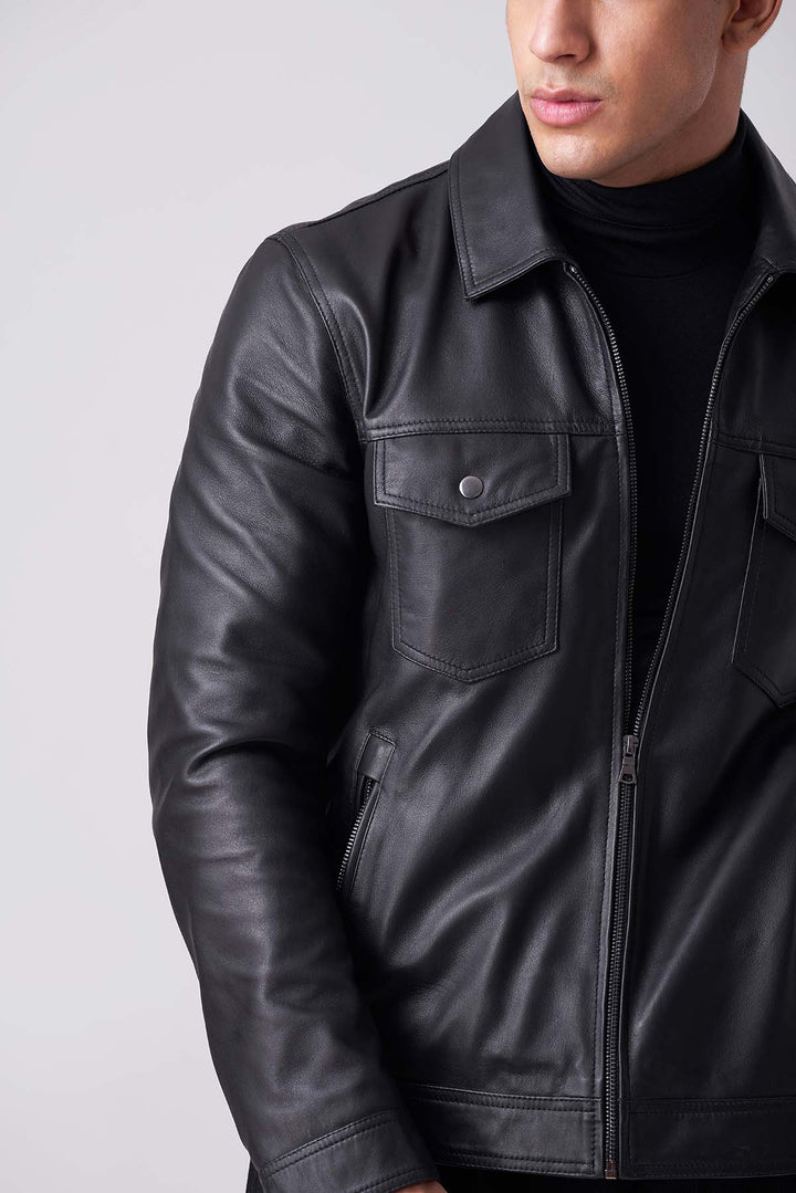 Premium black leather jacket for men