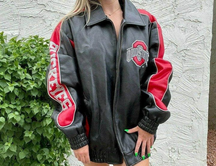 Vintage 90s Ohio State Buckeyes leather jacket with iconic team logo and classic retro design