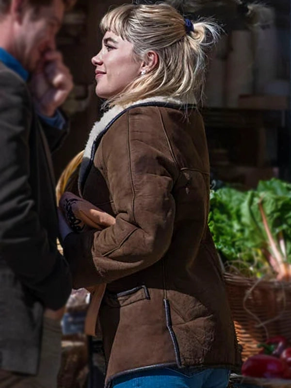 Florence Pugh Celebrity Style Brown Shearling Jacket
