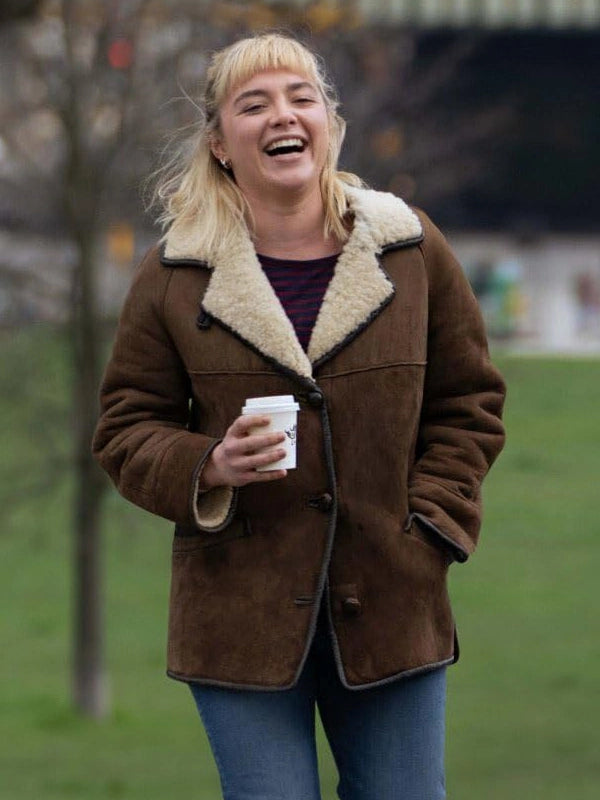 Chic Brown Shearling Jacket Inspired by Florence Pugh
