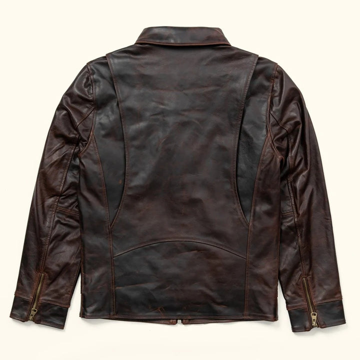 Brown leather flight jacket with antique brass zippers