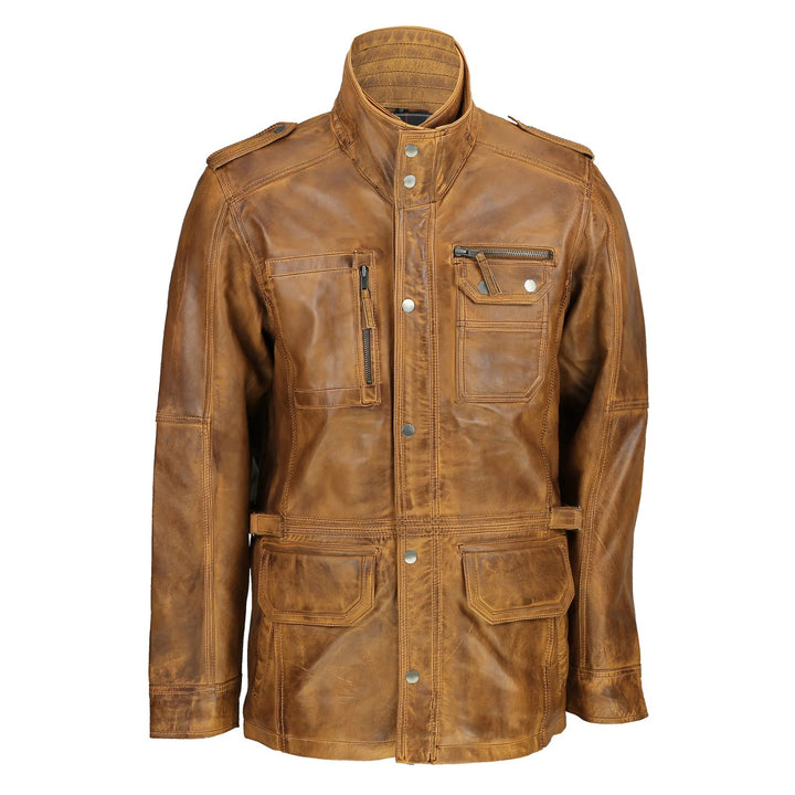 Men's leather field jacket with double stand-up collars and press studs