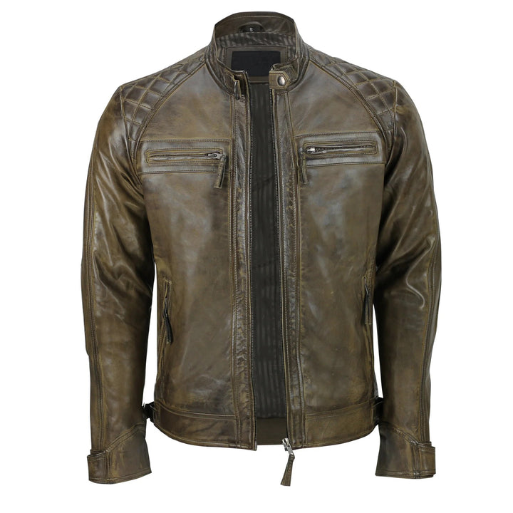 Men's vintage brown leather jacket with quilted shoulder stitching