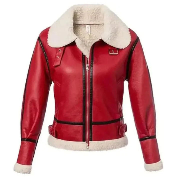 Shop Women's Red Shearling Leather Jacket - Festive Christmas Style