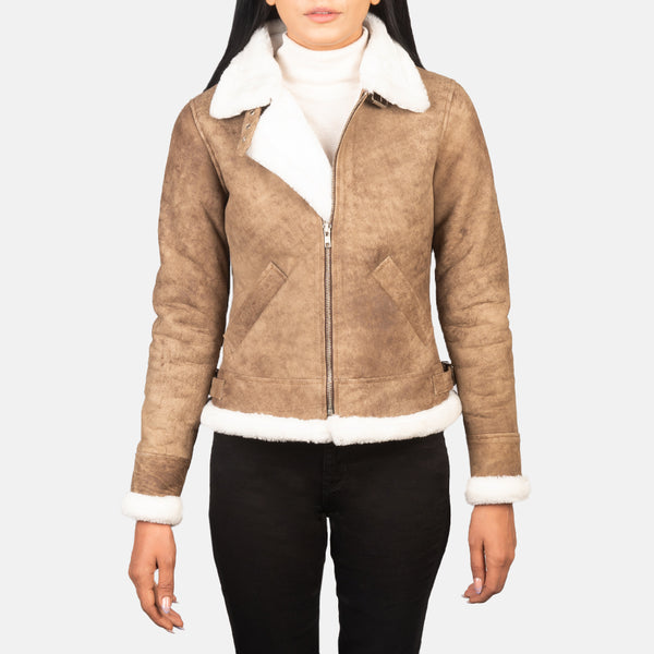Women Brown Leather Bomber Jacket