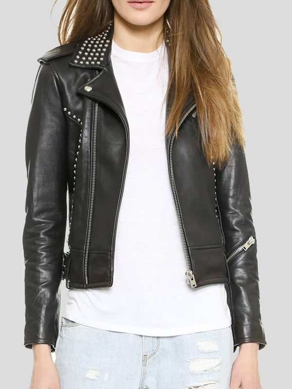 Women's premium studded leather biker jacket in USA