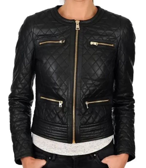 Womens Collarless Black Quilted Jacket By TJS