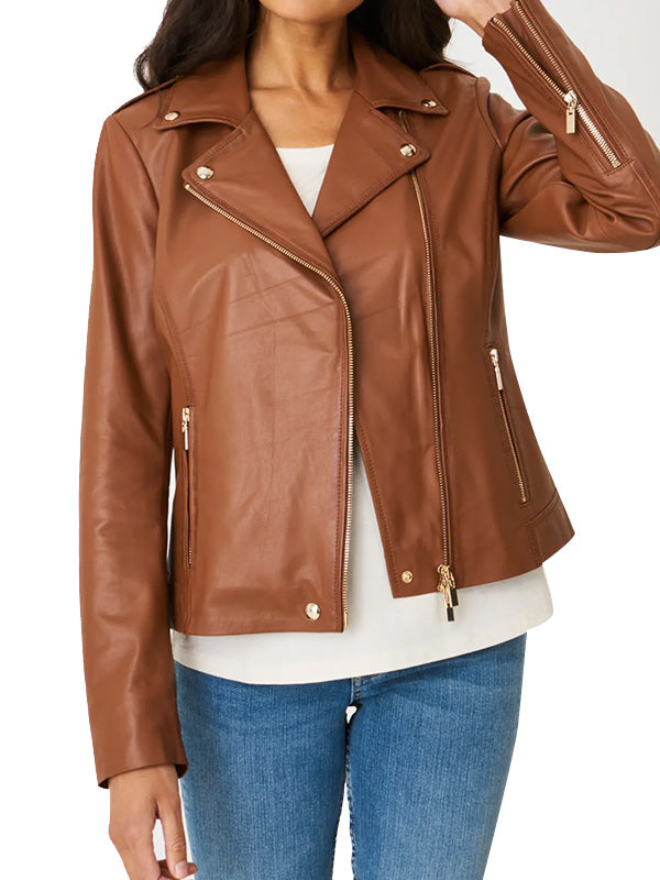 Women's classic brown leather motorcycle jacket in USA