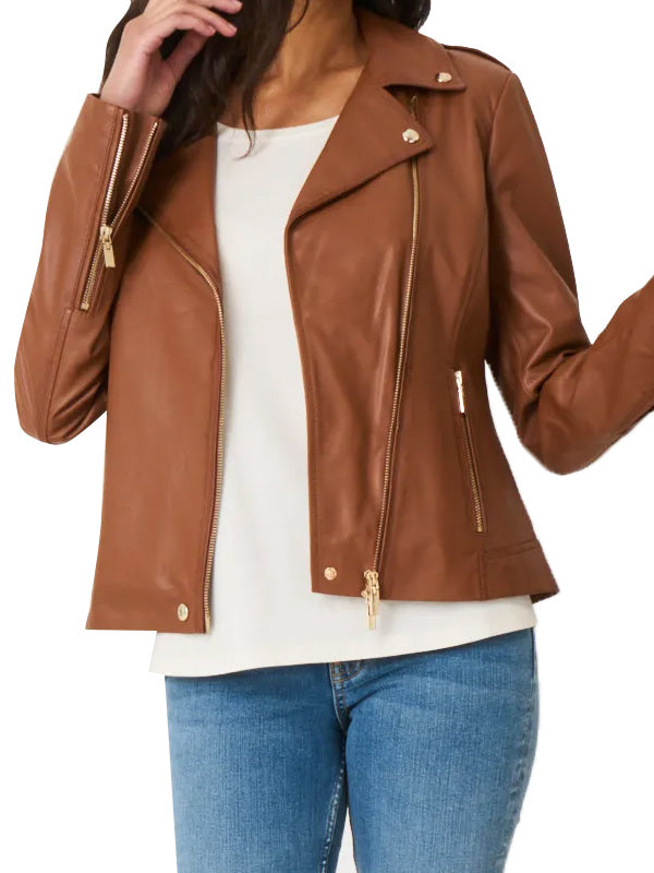 Stylish brown biker jacket for women in France style