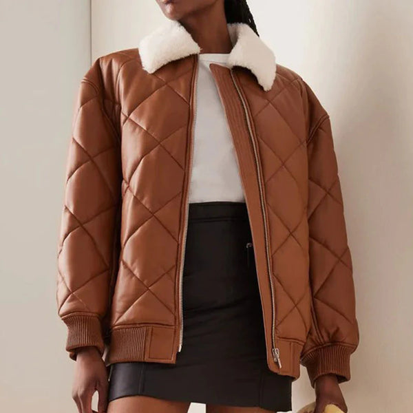 Womens Brown Puffer Leather Bomber Jacket in Faux Fur Collar with Stylish Quilted