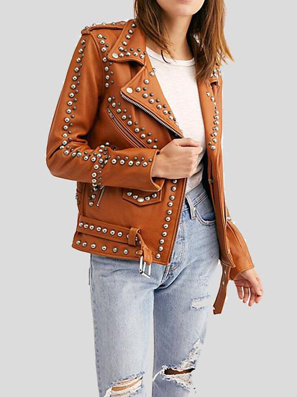 Women's brown studded moto biker leather jacket in USA