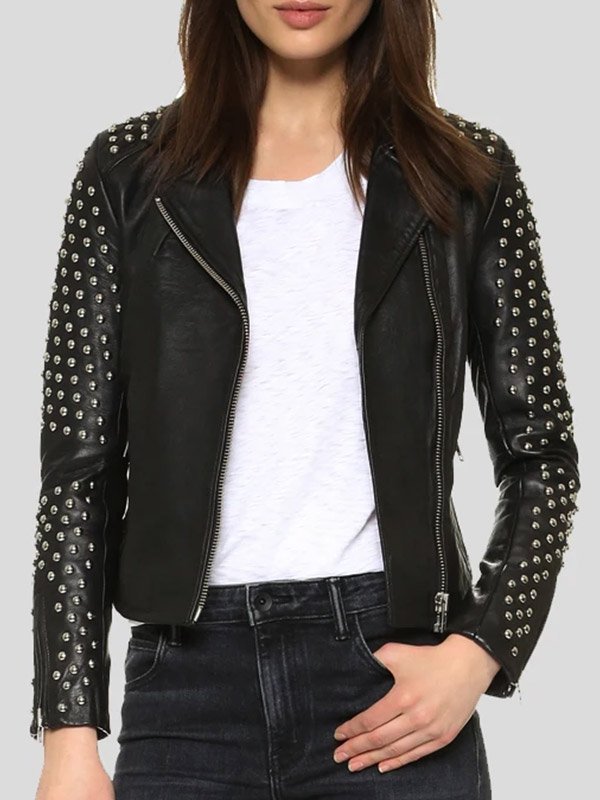 Stylish women's studded black leather motorcycle jacket in USA