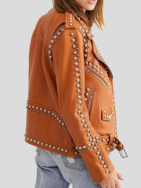 Trendy studded moto jacket in brown leather for women in France style