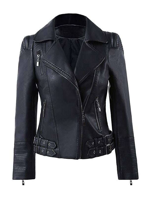 Women's black zip-up moto biker leather jacket in USA