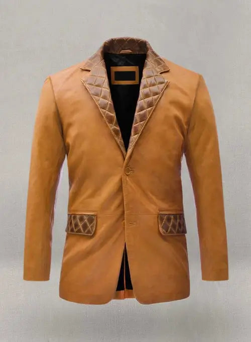 Harper Burnt Mustard Leather Blazer Front View in USA