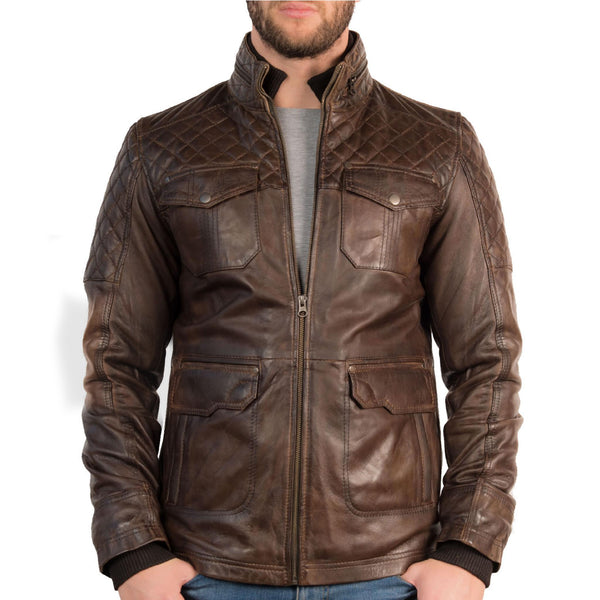 Vintage style racing leather jacket in toned brown