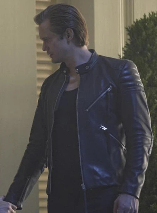 True Blood's Alexander Skarsgård in a classic leather jacket in UK style