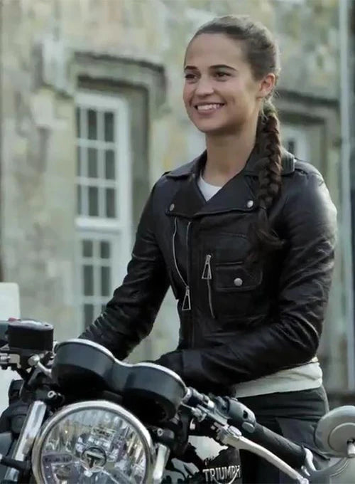 Stylish leather jacket worn by Alicia Vikander in Tomb Raider in France style