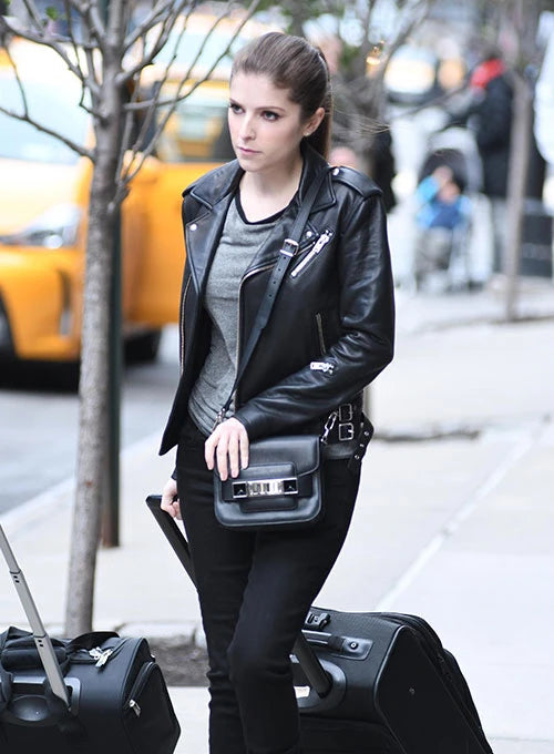 Chic Leather Jacket Look on Anna Kendrick in American style