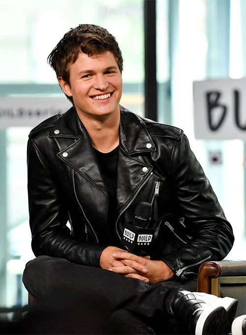 Chic leather jacket worn by Ansel Elgort in France style