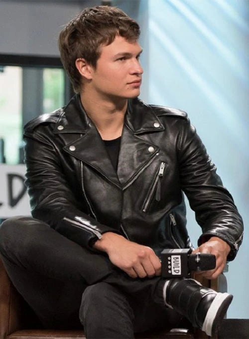 Fashion-forward black leather jacket as seen on Ansel Elgort in United state market