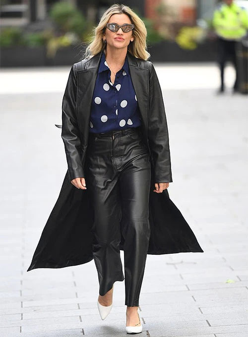 Ashley Roberts Stunning Black Leather Long Coat in USA market