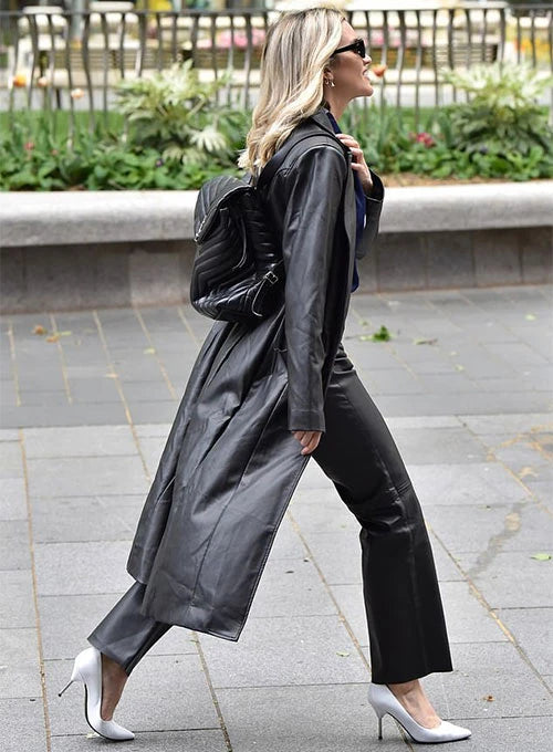 Ashley Roberts' Elegant Long Leather Jacket in American style