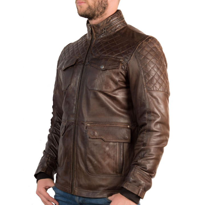 Hip length leather jacket with diamond cross-stitch detailing