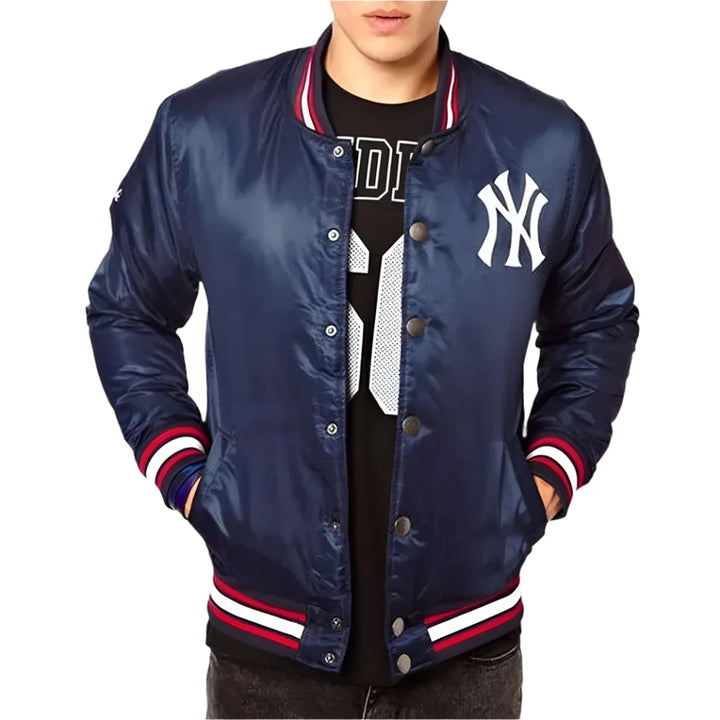 New York Yankees Baseball Blue Satin Jacket Front View in USA