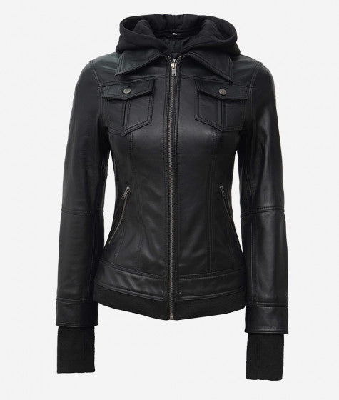 Trending black bomber jacket with removable hood in USA