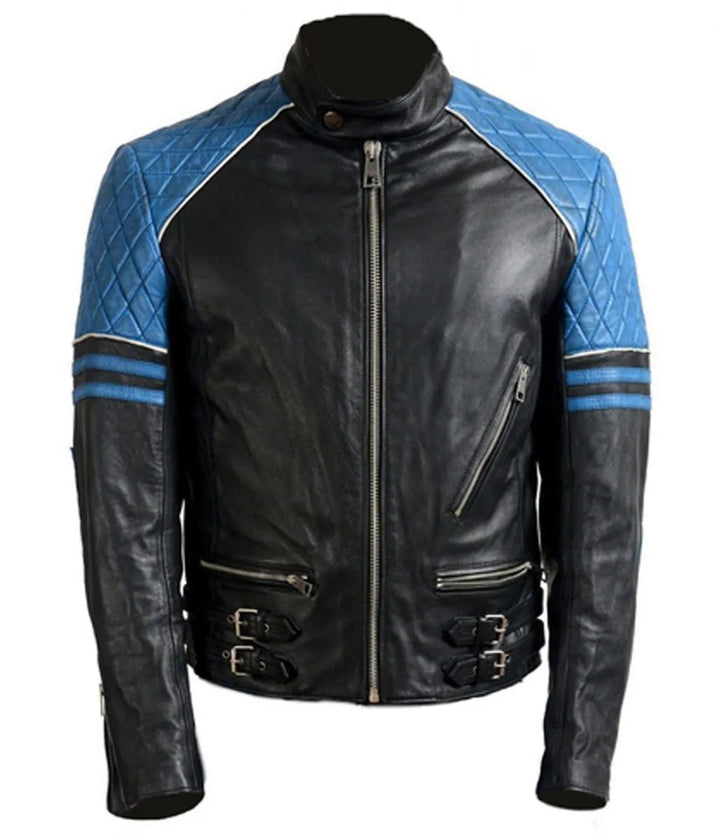 Front View Men’s Quilted Biker Stylish Black and Blue Leather Jacket