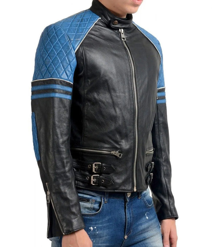 Back View Men’s Quilted Biker Stylish Black and Blue Leather Jacket