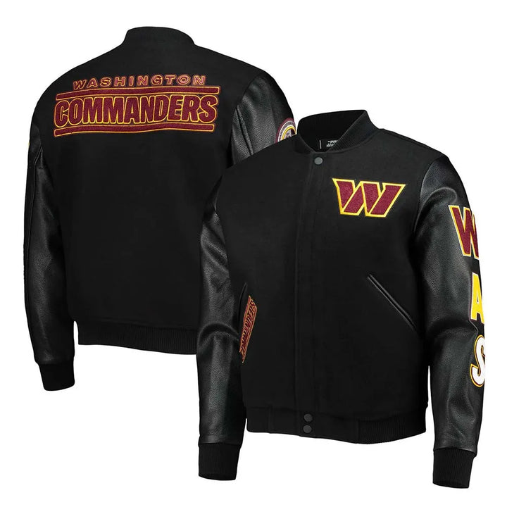 front with back view washington-commanders-varsity-black-jacket