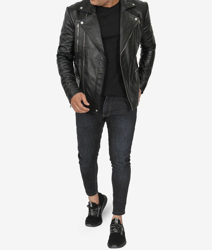Black asymmetrical leather jacket for stylish men in American market