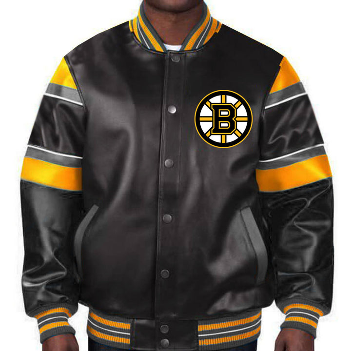 Sport this sleek black leather Boston Bruins NHL jacket, embodying the Bruins' resilience and your unwavering support in USA