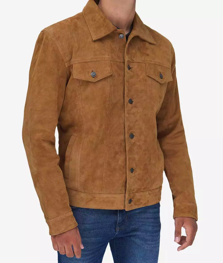 Sleek tan suede leather jacket with button-front closure