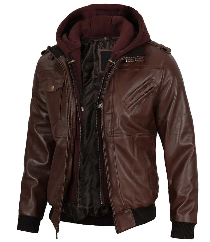 Men's Bomber Jacket in Dark Brown Leather, Hooded Design in United state market