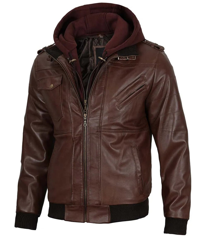 Casual Men's Dark Brown Leather Bomber Jacket with Hood in American style