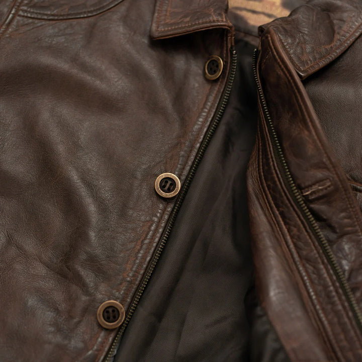 Men's brown leather barn coat with modern tailored fit