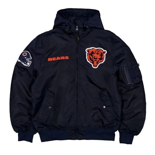 Chicago Bears historic hooded bomber jacket front view

