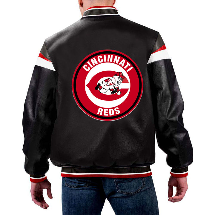 Classic red Cincinnati Reds leather jacket, featuring the iconic "Reds" script logo. in USA