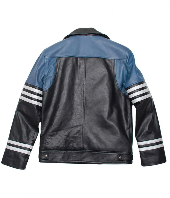 Back View Men’s Classic Black and Blue Striped Leather Biker Jacket