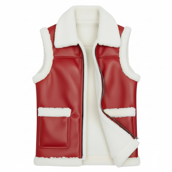 GOKTOO Red Leather Shearling Vest - Luxe Faux Fur Trim Winter Sleeveless Jacket